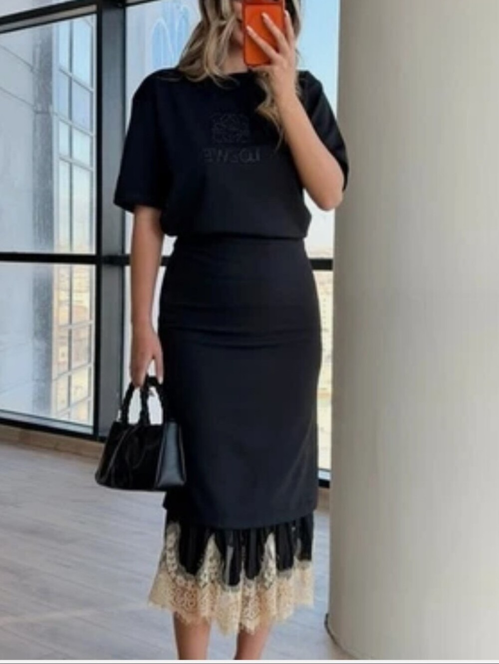 Zara Midi Skirt NWT Black Pencil Skirt With Lace Trim Size Large - Picture 9 of 15